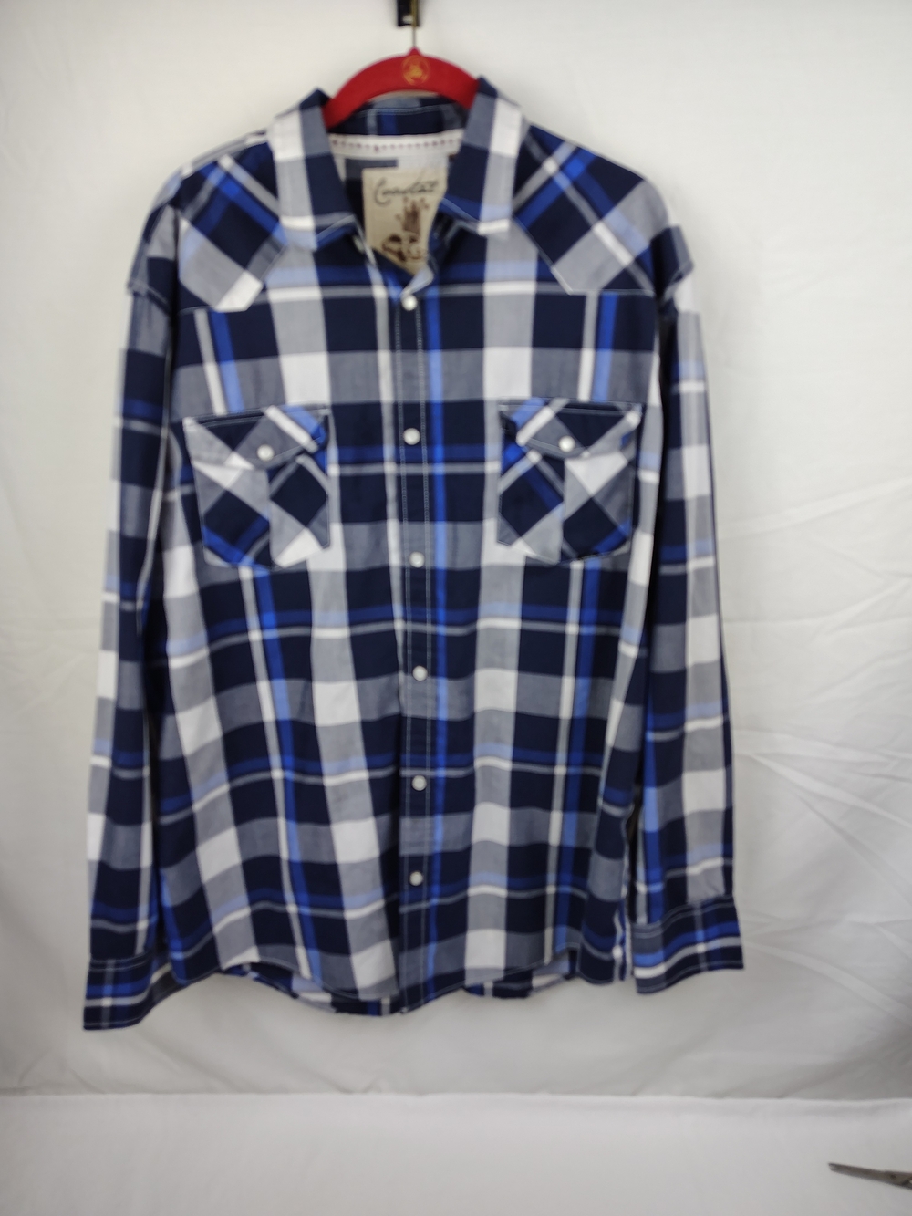Men's Blue Plaid Button-Down Casual Shirt with Western Yoke